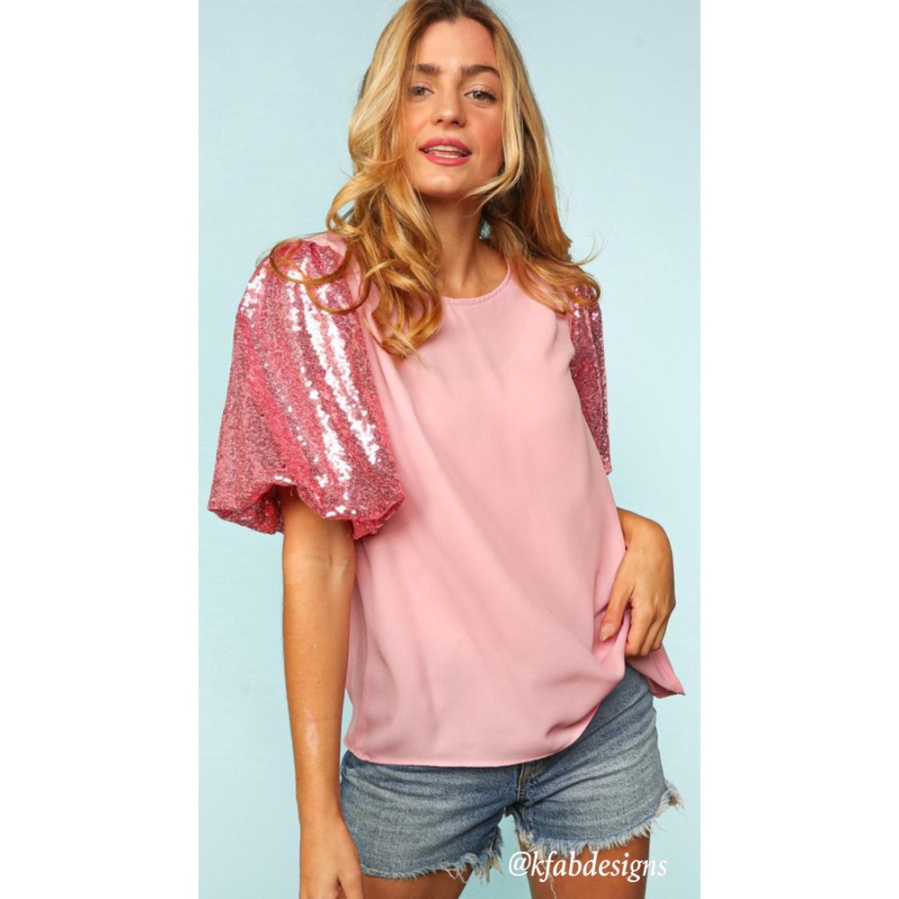 LAST 1! Bubble Gum Pink Puff Sequined Sleeve (Lined Sleeve) Top! - Picture 3 of 10